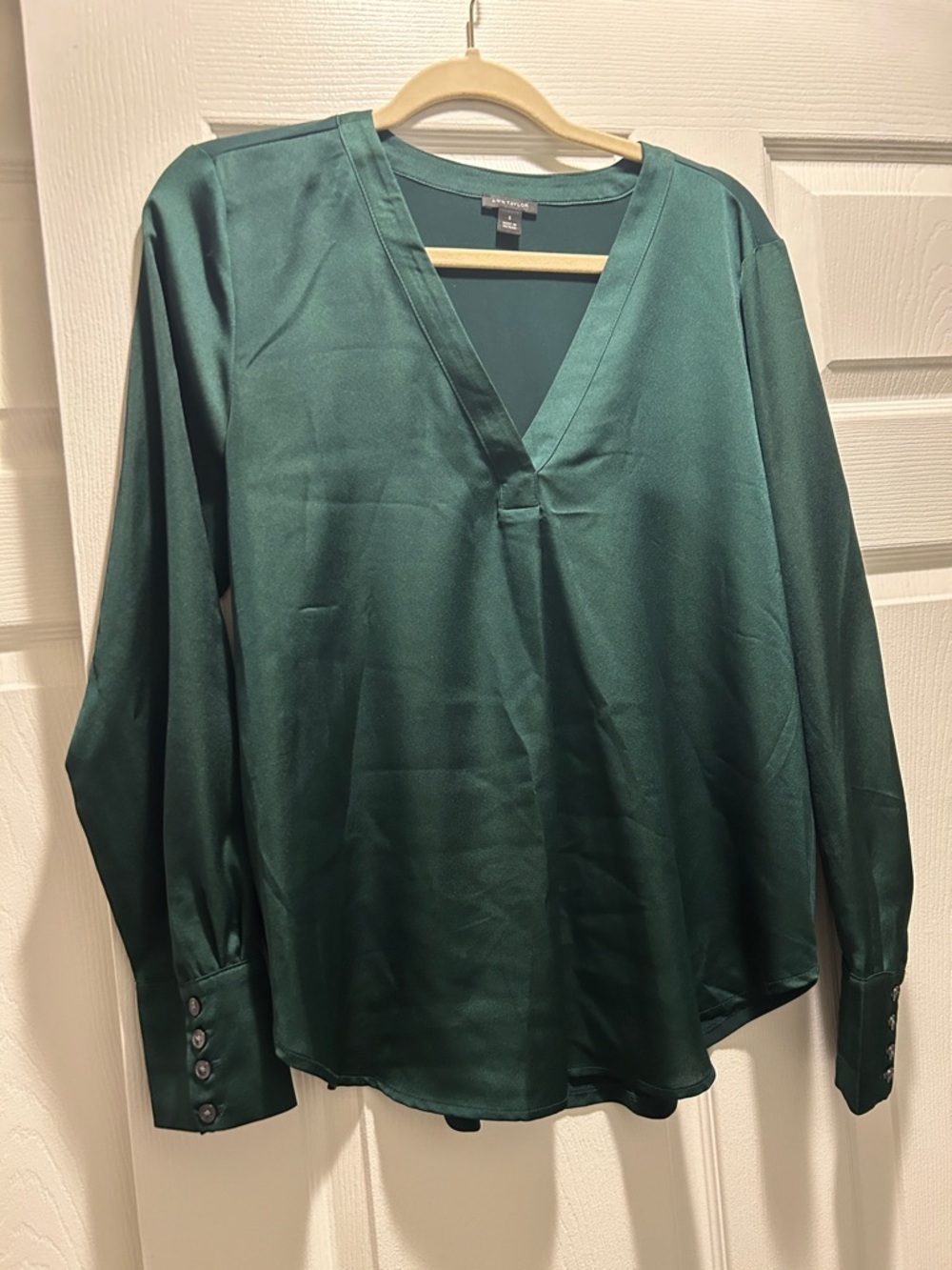 Ann Taylor Emerald V-Neck Satin Blouse